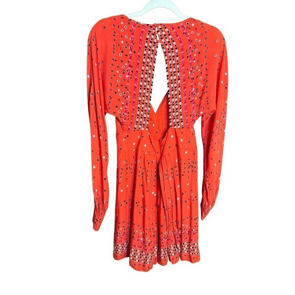 NEW Free People Coryn Coral Orange Print Long Sleeve Dress red combo sz 6 - Picture 5 of 16